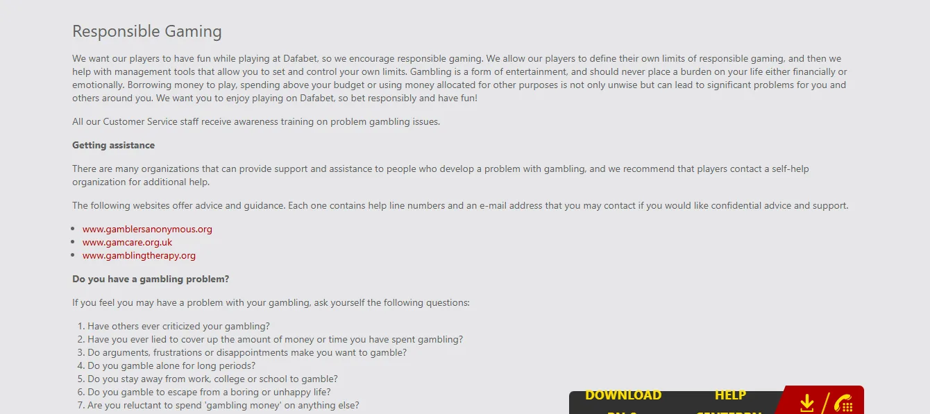 Screenshot of Dafabet's responsible-gambling tools