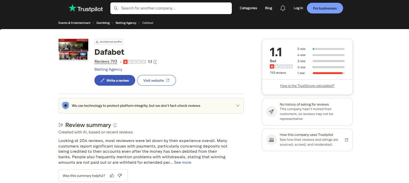 Screenshot of Dafabet's Trustpilot rating overview