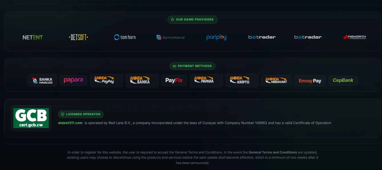 Etabet footer with Curacao licensing and providers