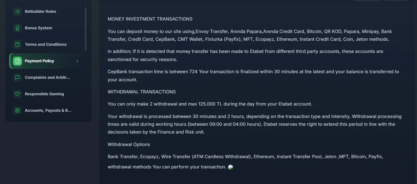 Etabet withdrawal limits and processing time