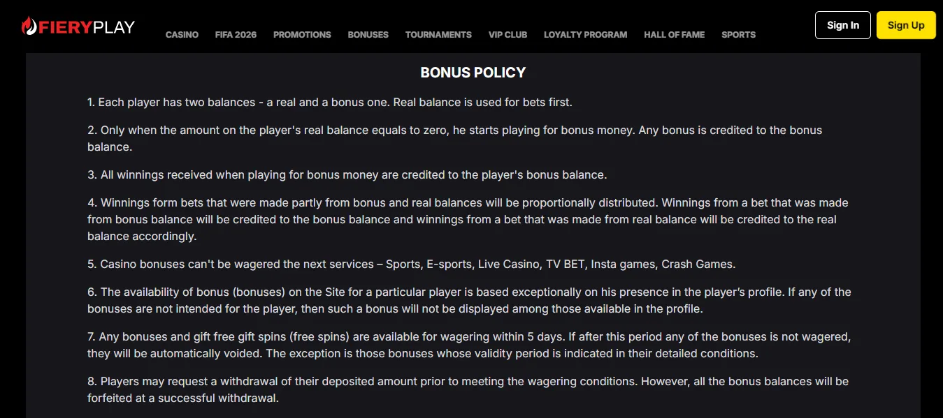 Screenshot of Fieryplay's bonus terms and wagering requirements