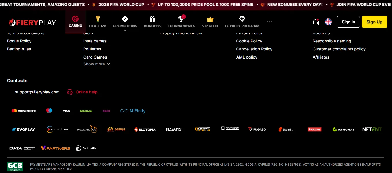 Screenshot of Fieryplay's cashier and payment methods