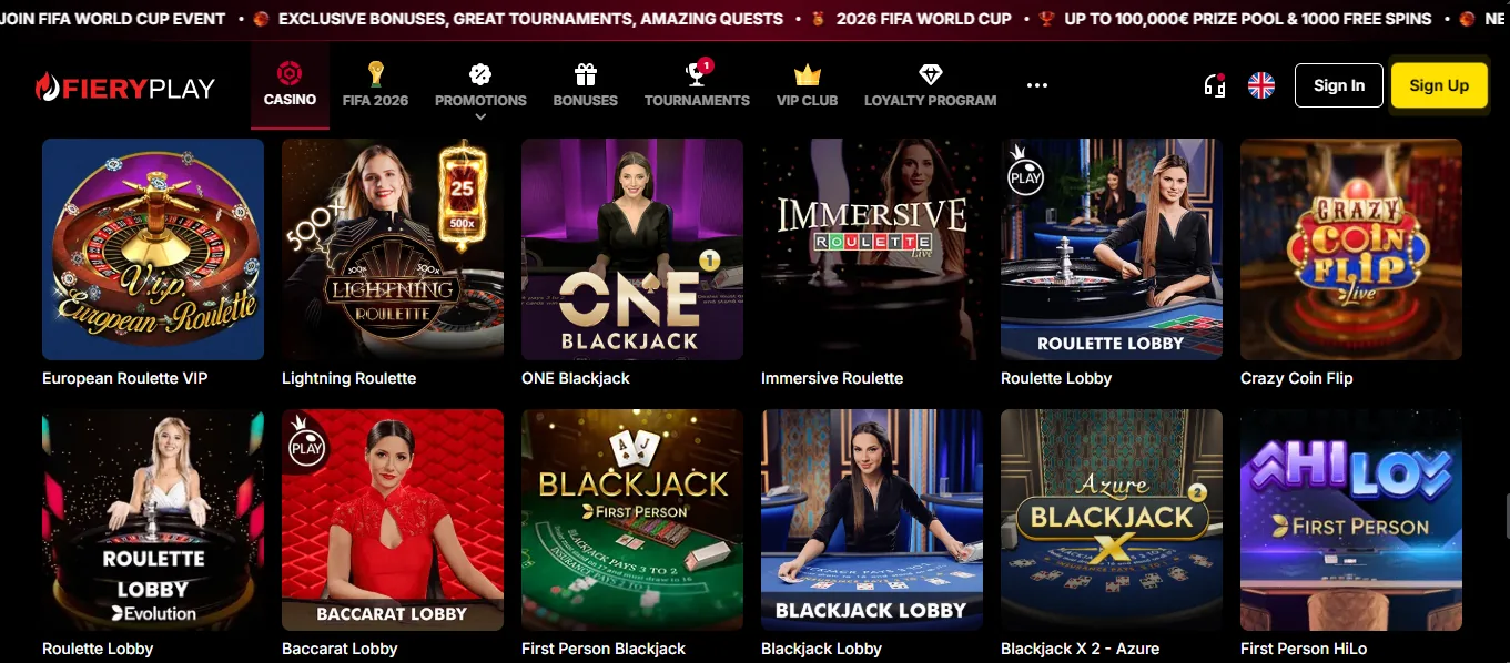 Screenshot of Fieryplay's games lobby