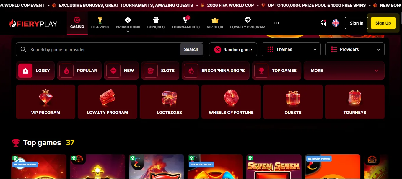 Screenshot of Fieryplay's homepage