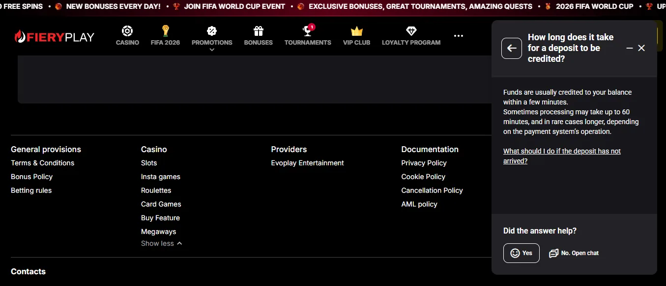 Screenshot of Fieryplay's live chat support window