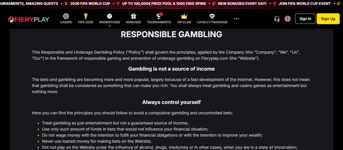 Screenshot of Fieryplay's responsible-gambling tools