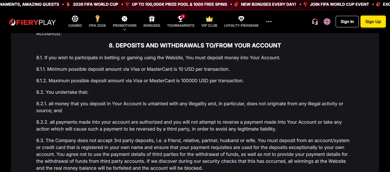 Screenshot of Fieryplay's withdrawal section and limits