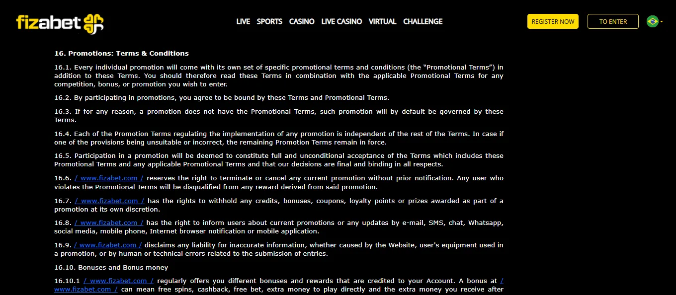 Screenshot of Fizabet's bonus terms and wagering requirements