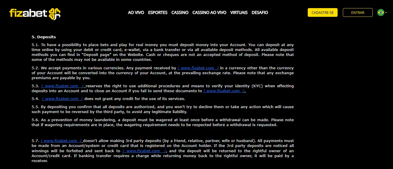 Screenshot of Fizabet's cashier and payment methods