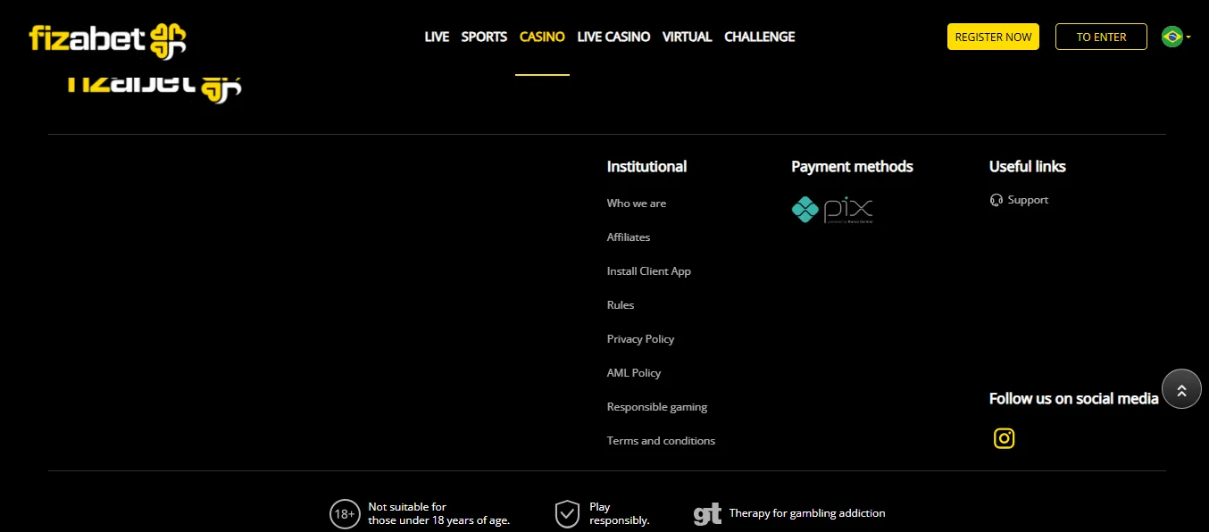 Screenshot of Fizabet's footer licence and regulator details