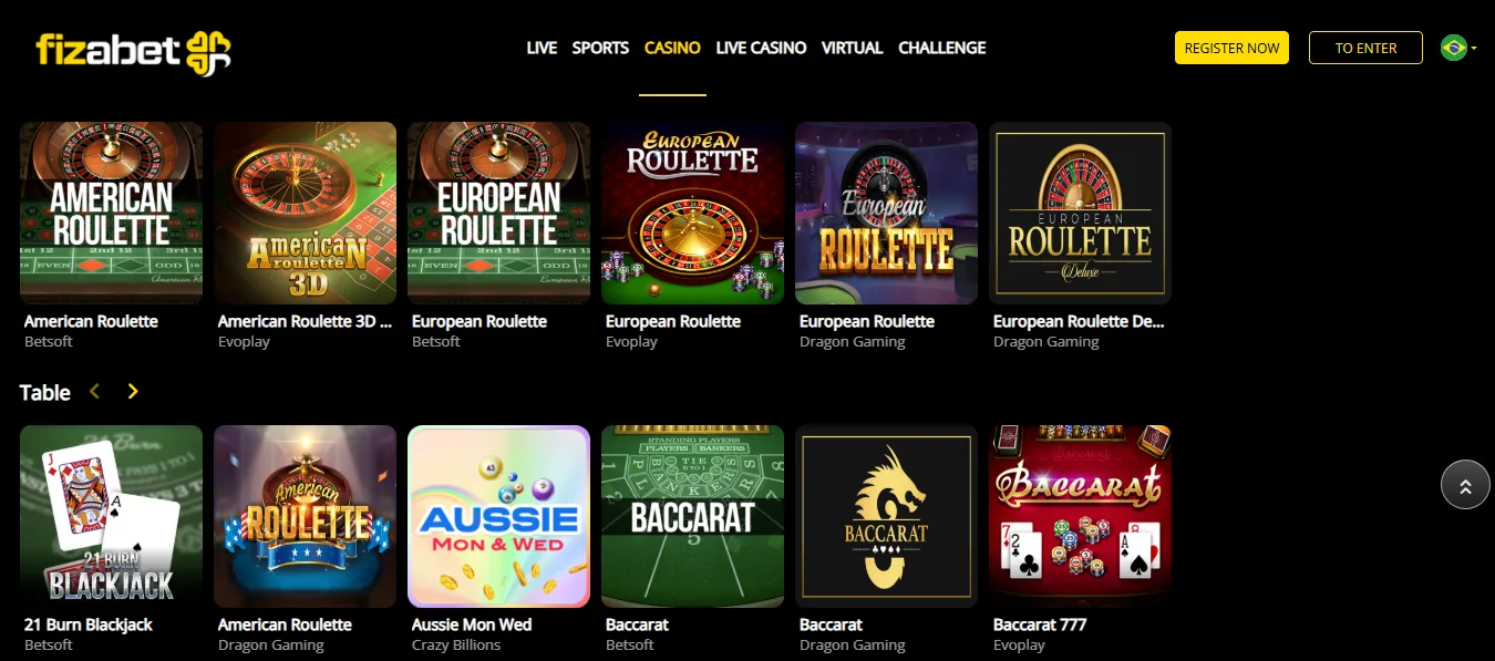 Screenshot of Fizabet's games lobby