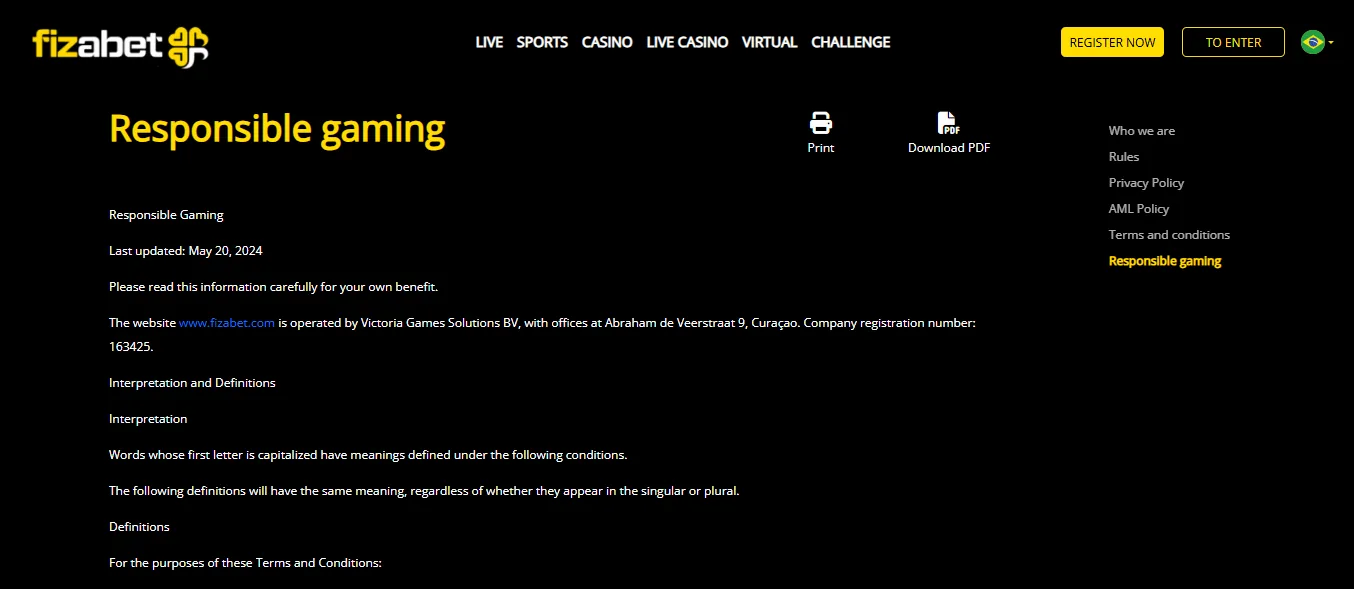Screenshot of Fizabet's responsible-gambling tools