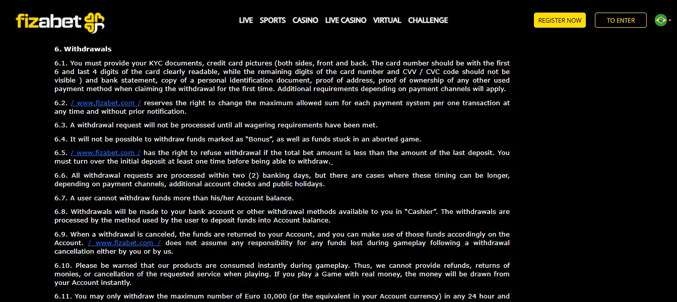 Screenshot of Fizabet's withdrawal section and limits