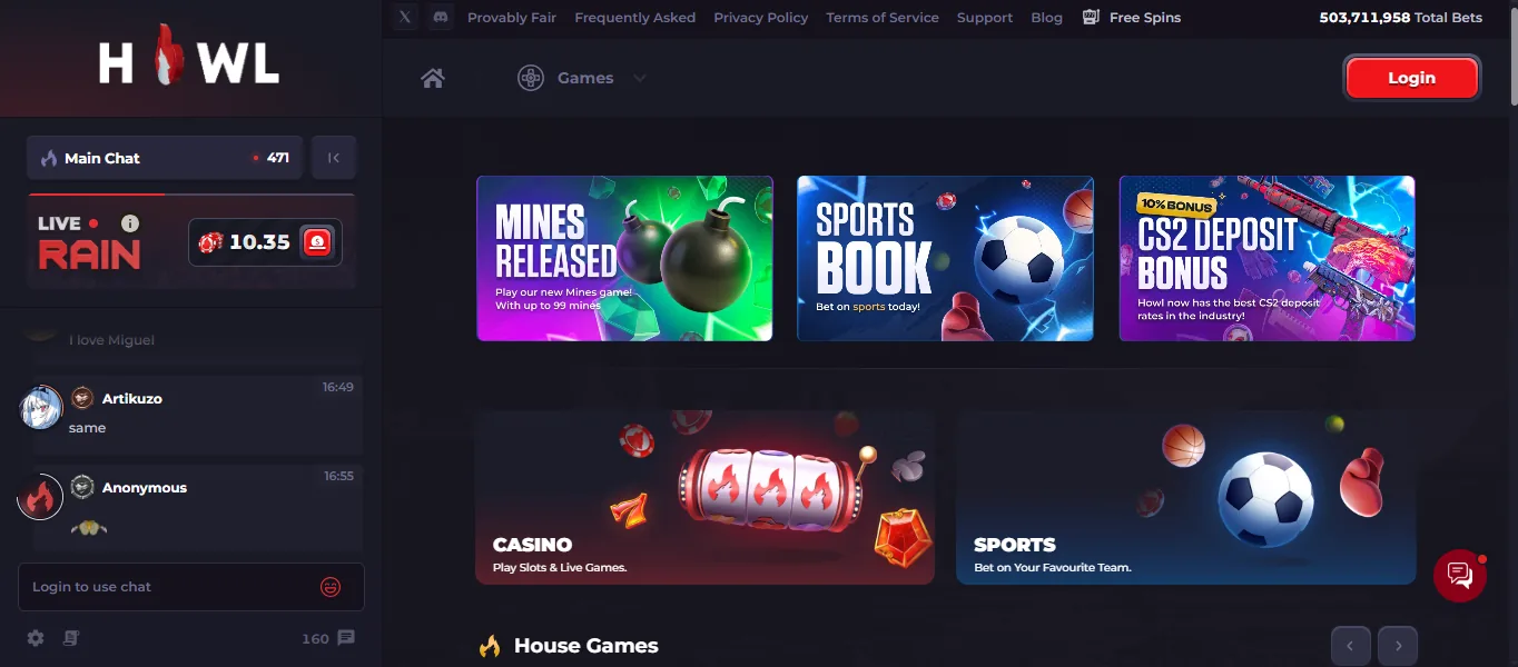 Screenshot of Howl's homepage