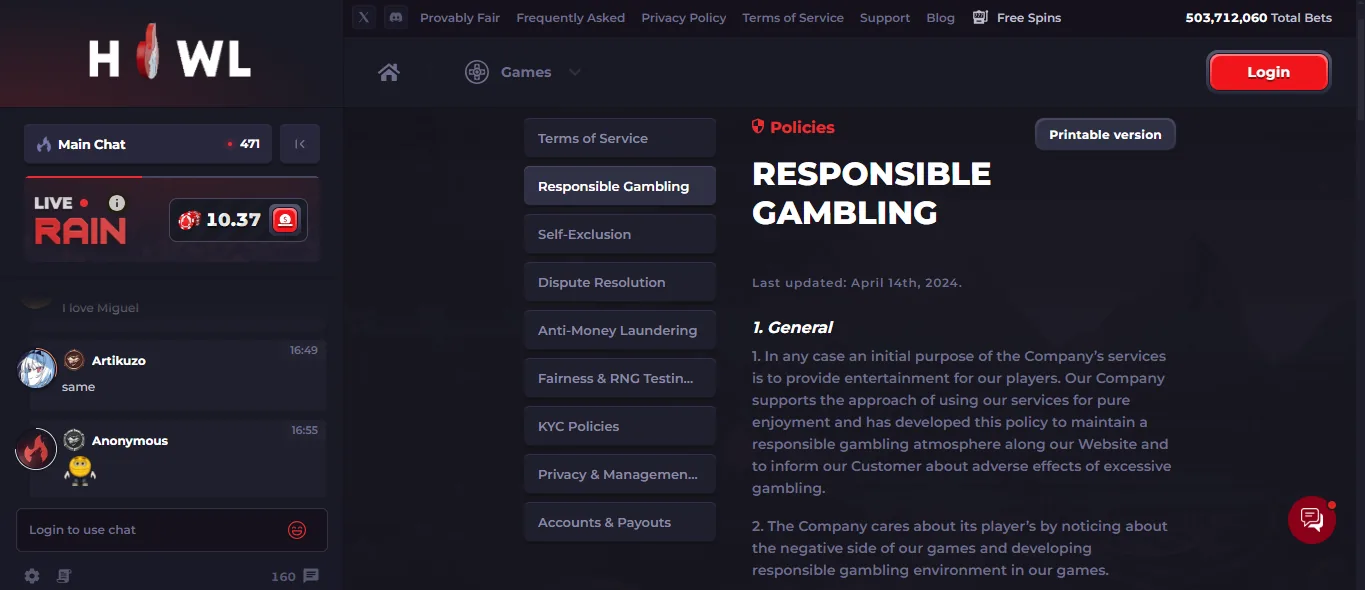 Screenshot of Howl's responsible-gambling tools