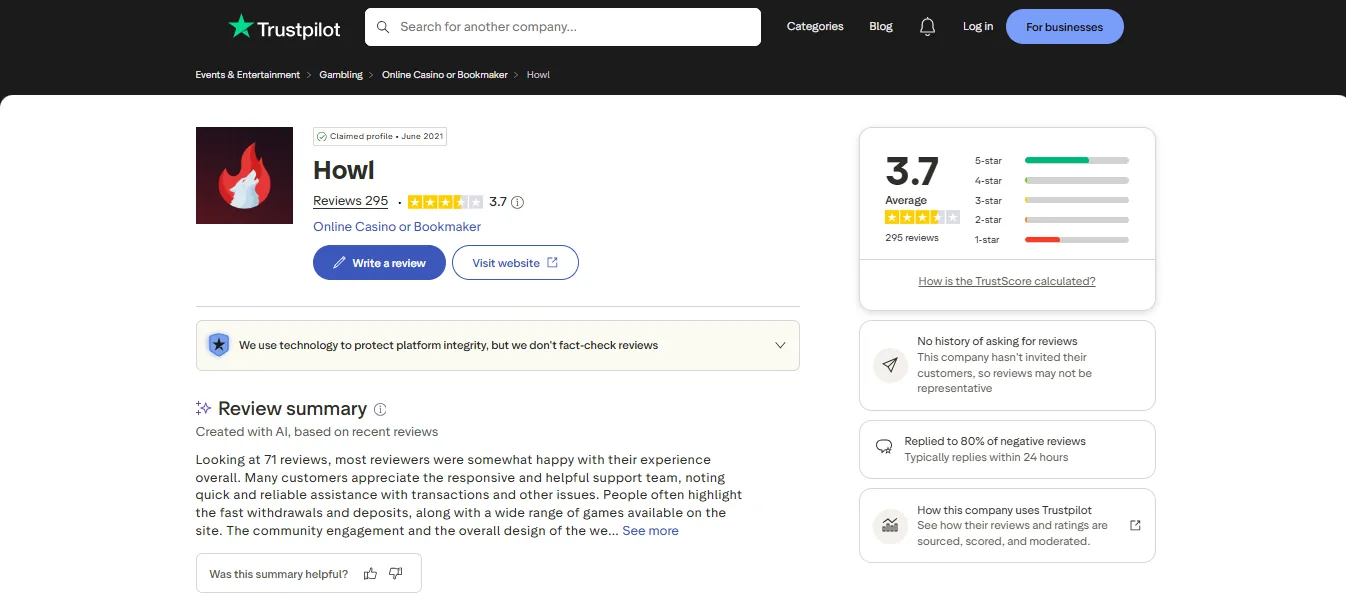 Screenshot of Howl's Trustpilot rating overview