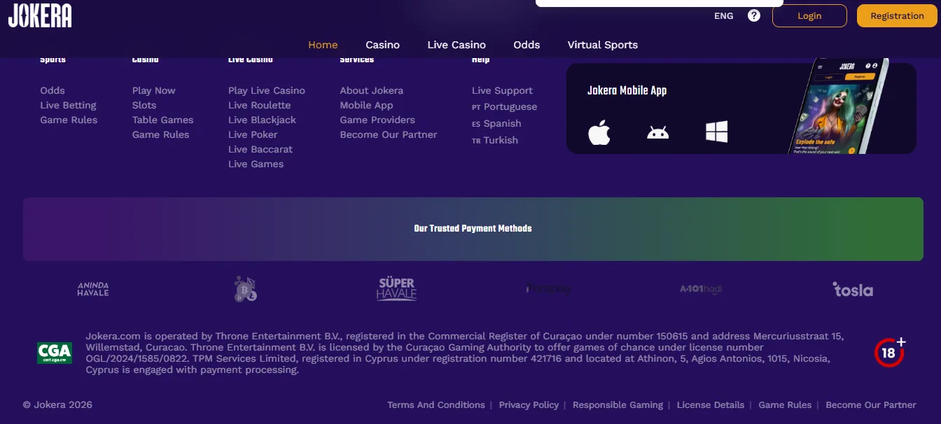 Screenshot of Jokera's cashier and payment methods