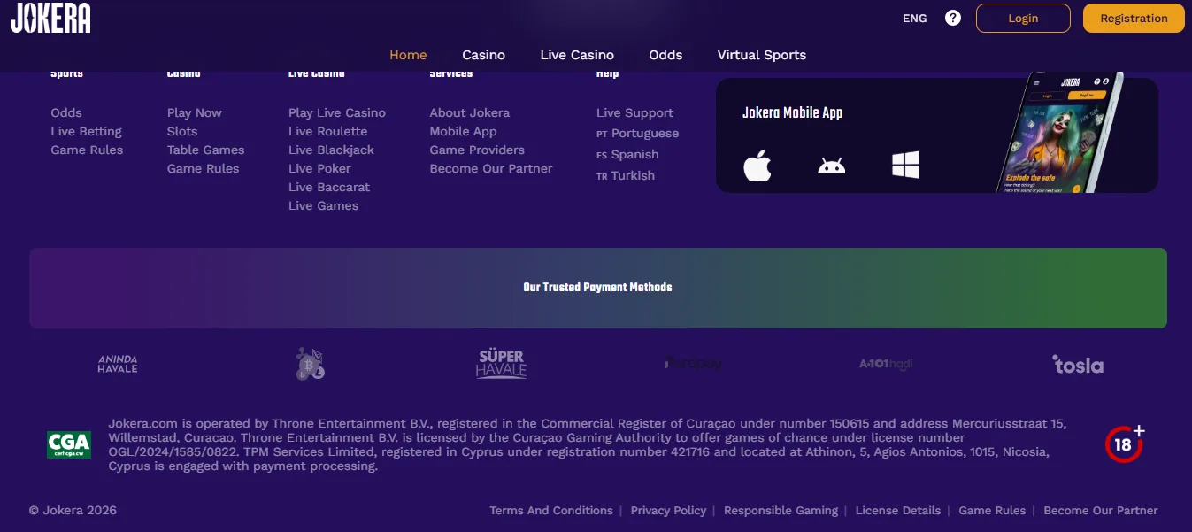Screenshot of Jokera's footer licence and regulator details