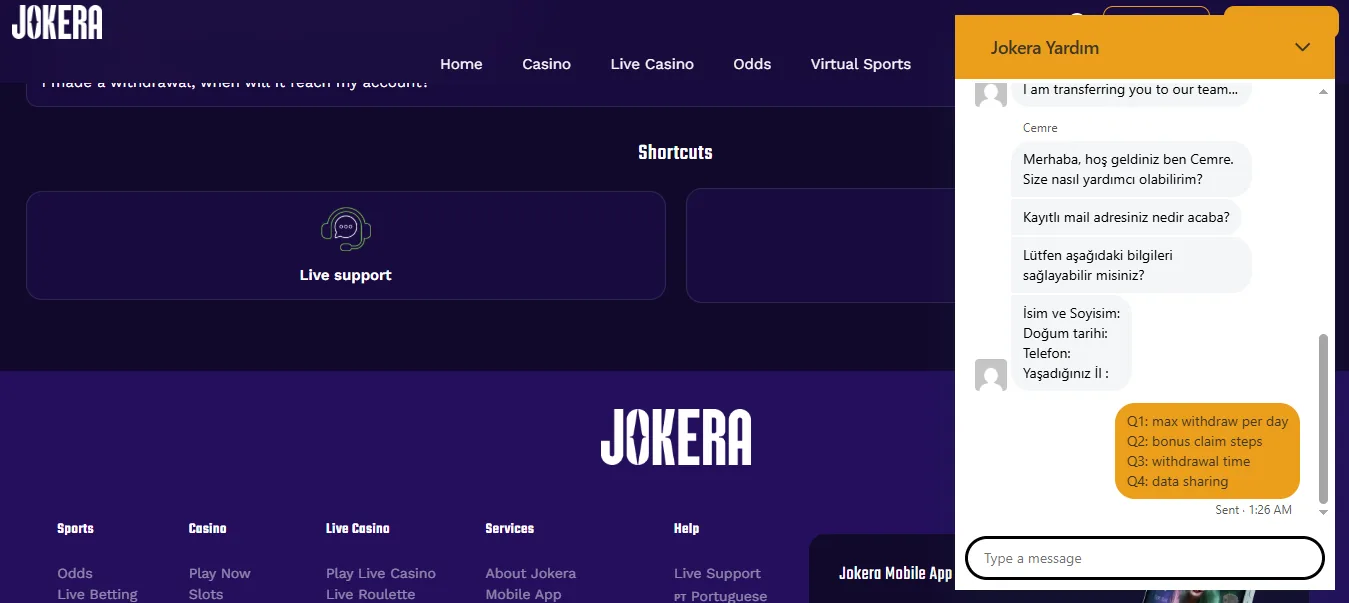 Screenshot of Jokera's live chat support window