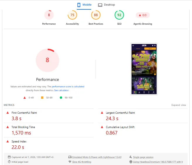 Screenshot of Jokera's mobile site