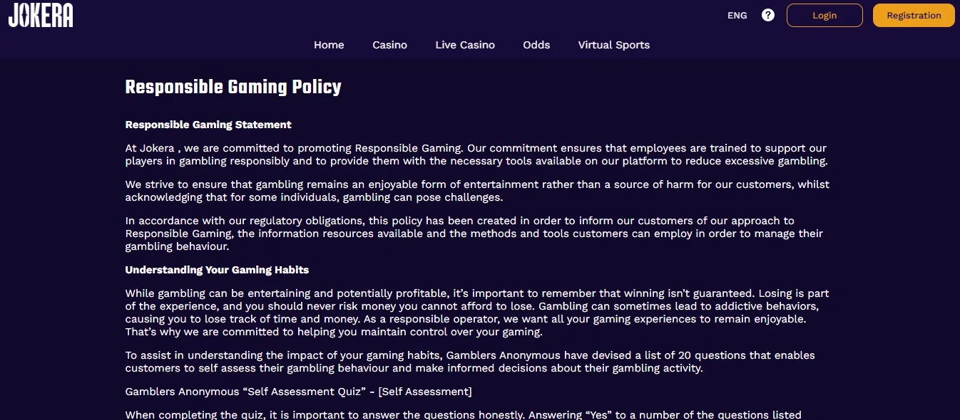 Screenshot of Jokera's responsible-gambling tools