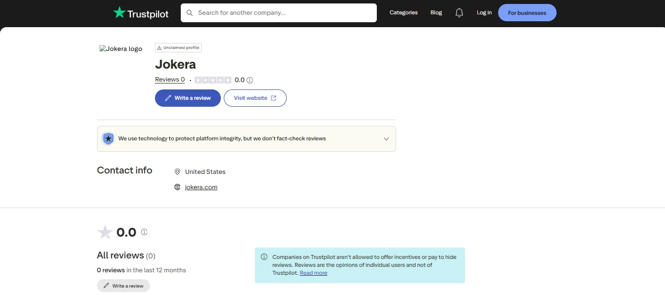 Screenshot of Jokera's Trustpilot rating overview
