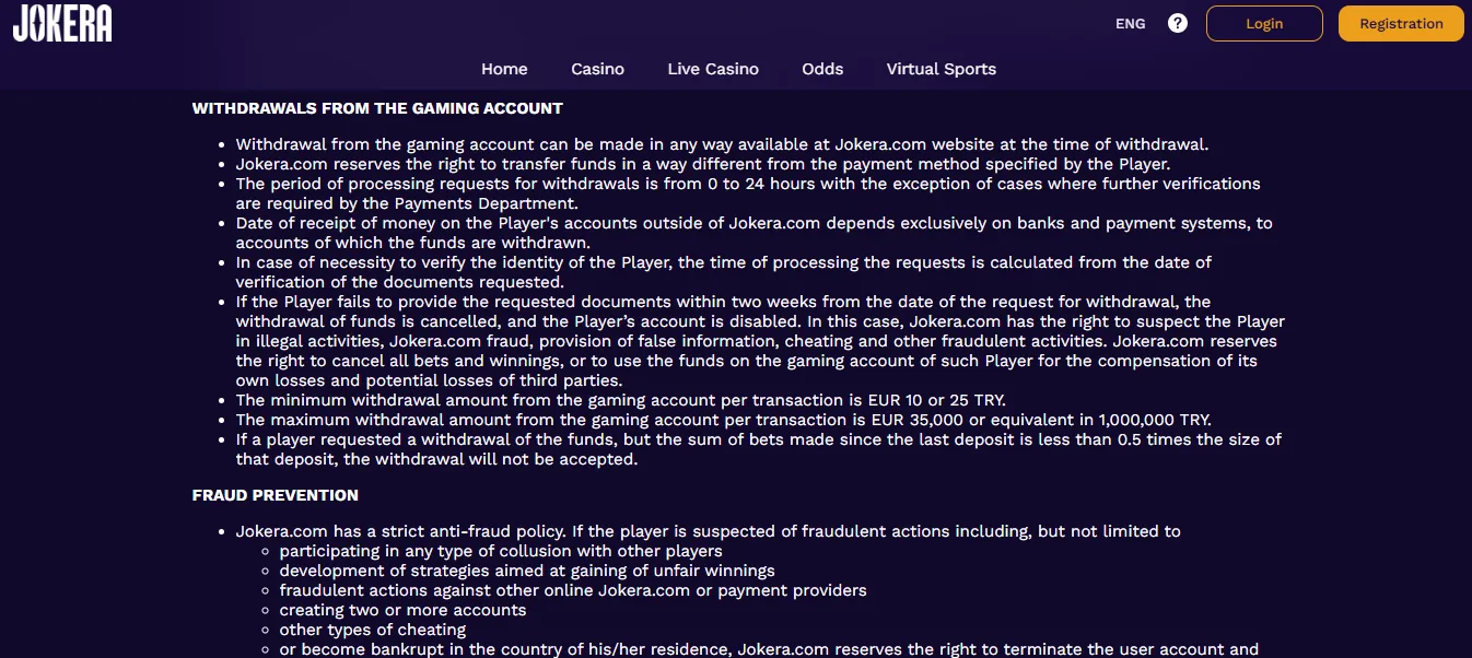 Screenshot of Jokera's withdrawal section and limits