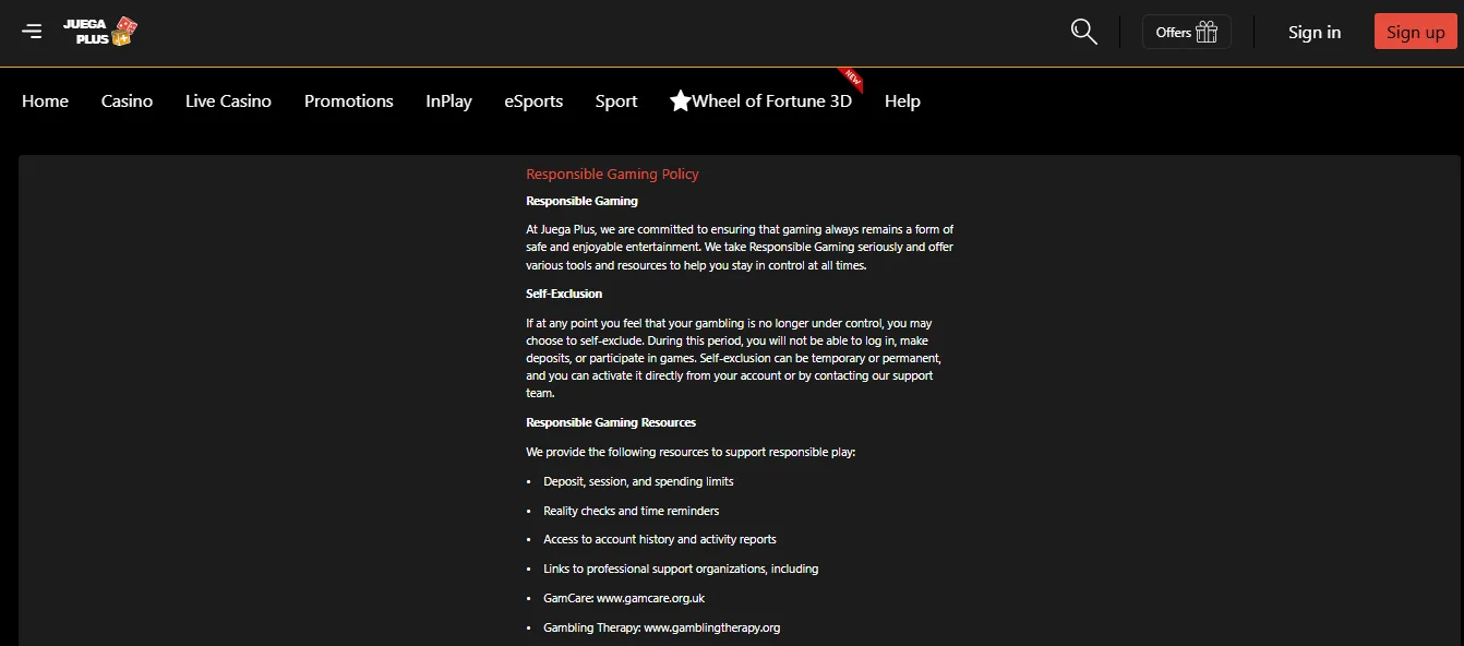 Juega Plus responsible gaming page