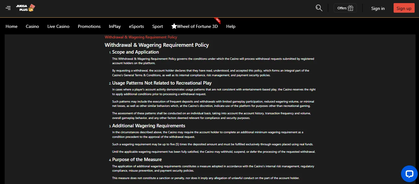 Juega Plus withdrawal and wagering policy