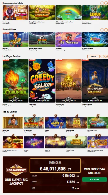LeoVegas casino lobby: slots, LeoVegas Studios titles and LeoJackpot — TopCasinoScout