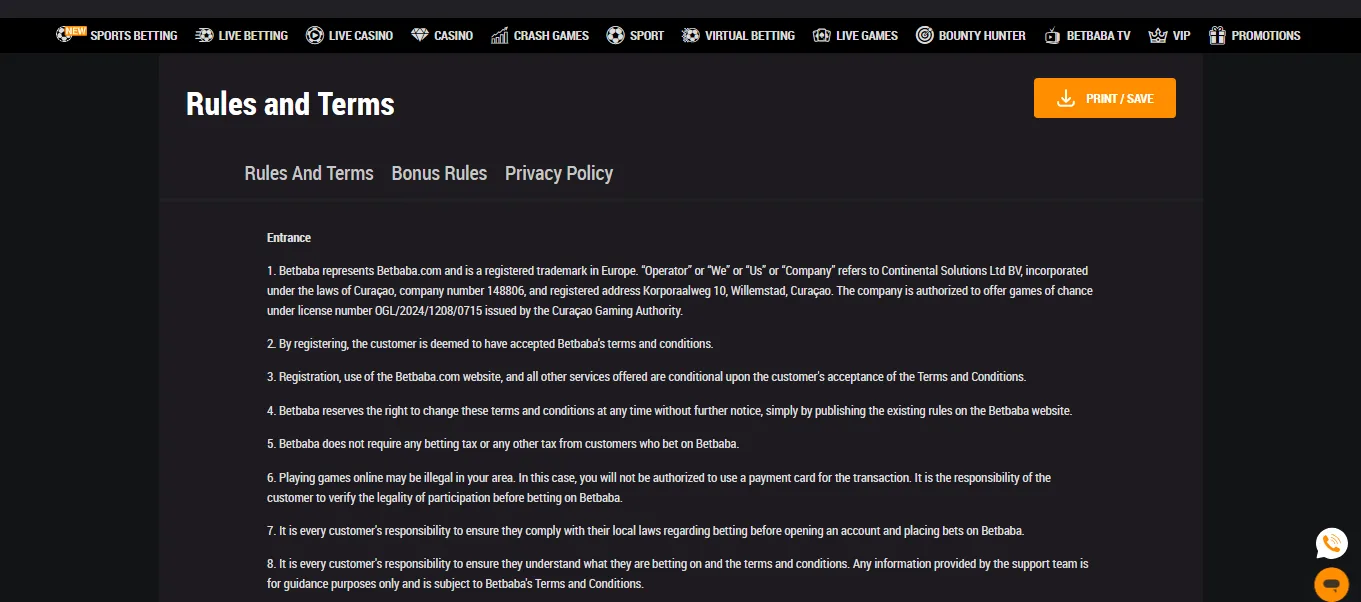 BetBaba rules and terms
