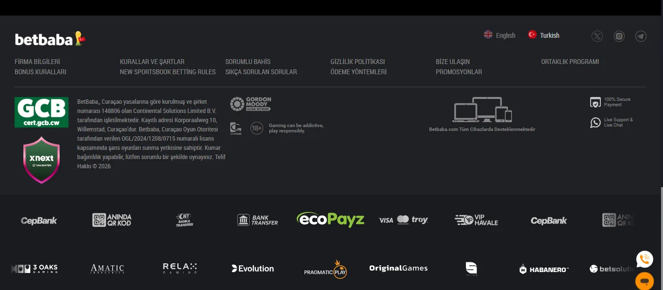 BetBaba footer showing its Curacao licence and RG links