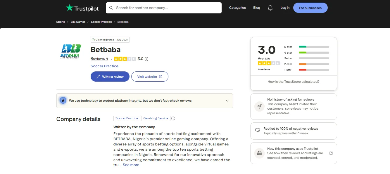 BetBaba Trustpilot profile
