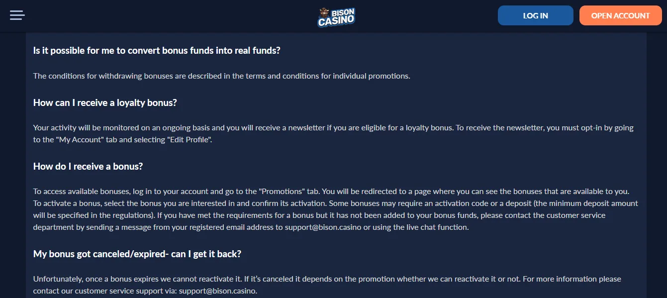 Screenshot of Bison's bonus terms and wagering requirements