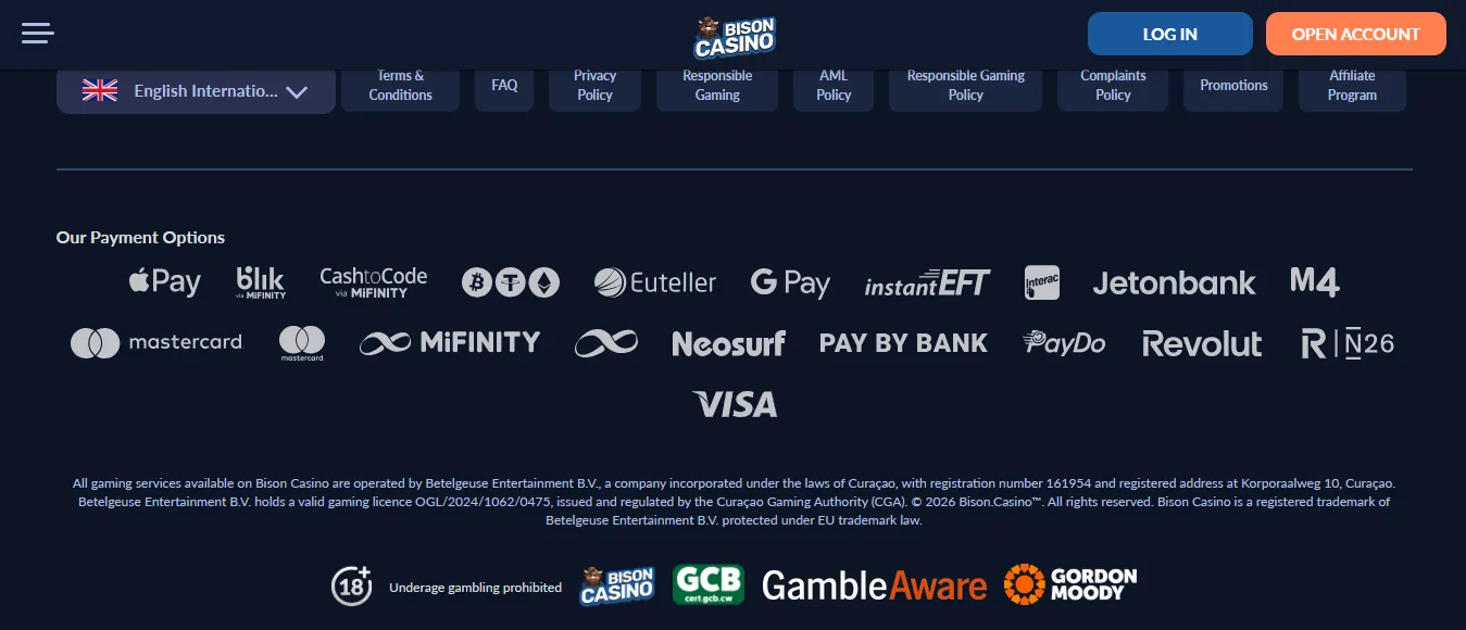 Screenshot of Bison's footer licence and regulator details