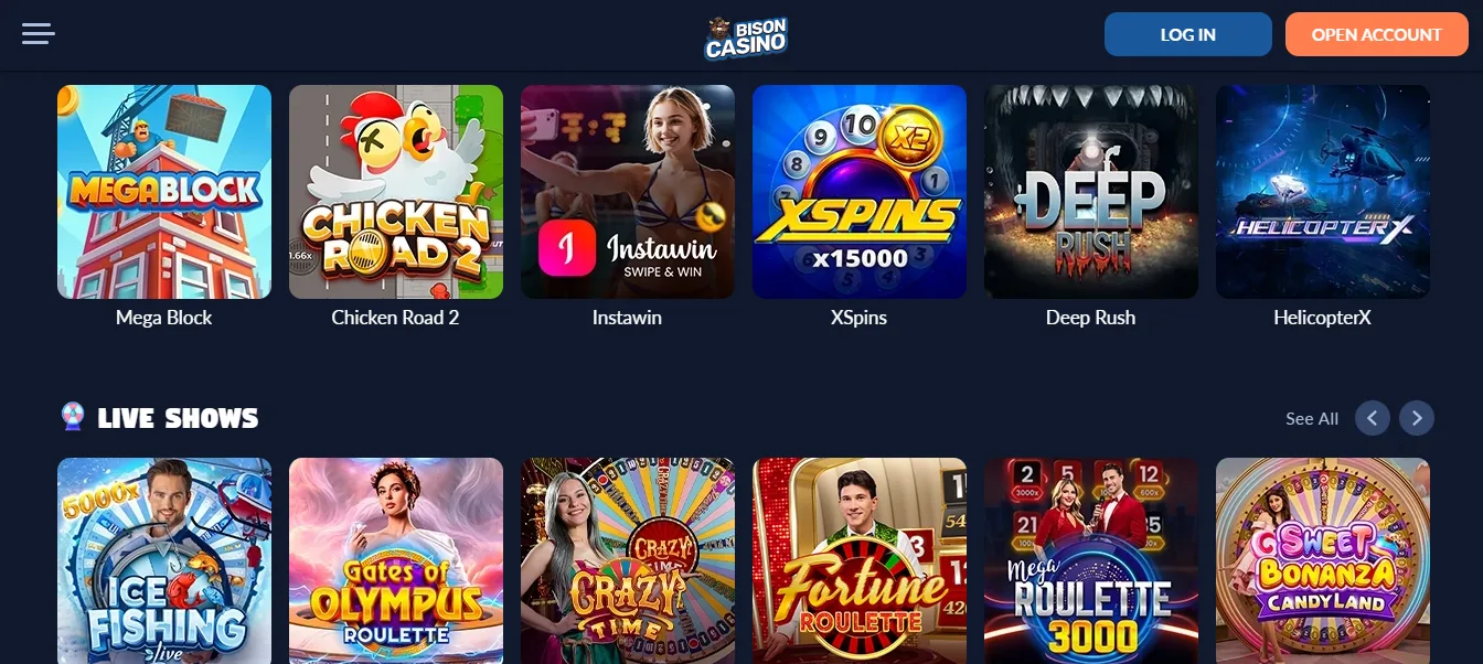 Screenshot of Bison's games lobby
