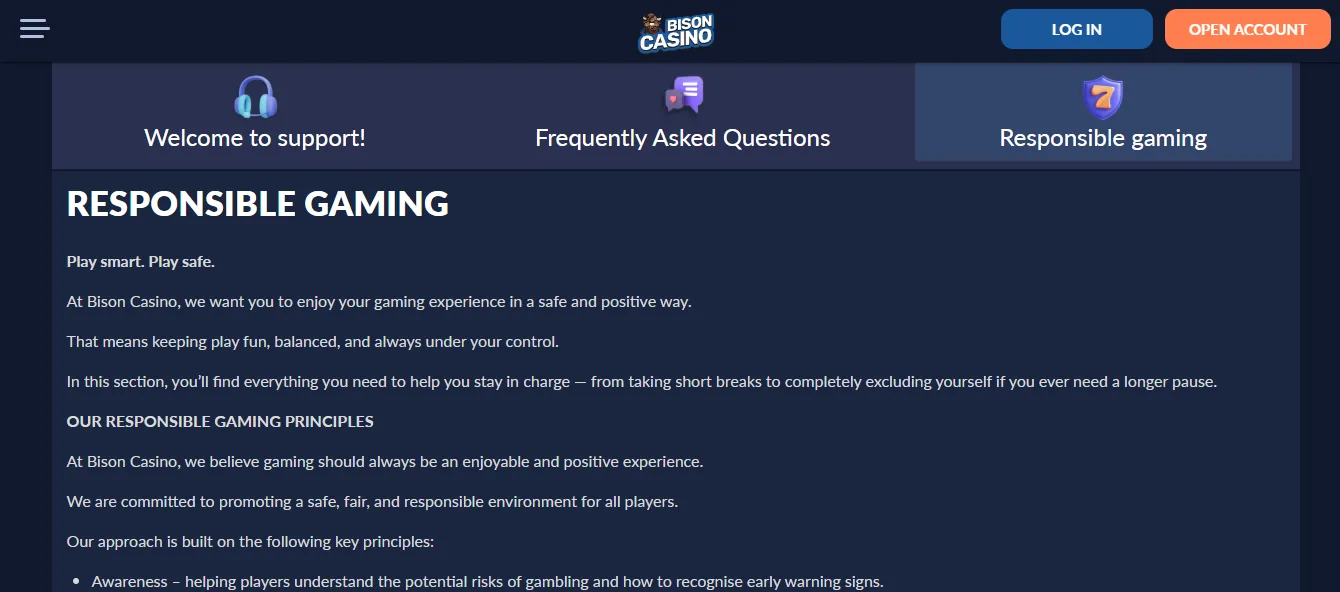 Screenshot of Bison's responsible-gambling tools