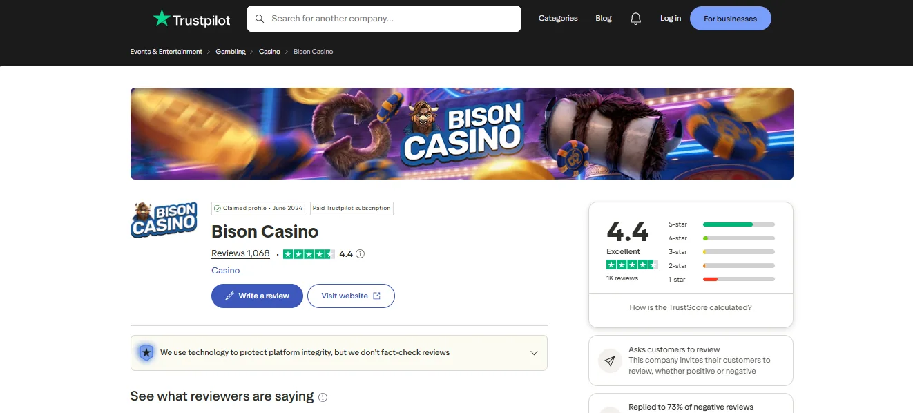 Screenshot of Bison's Trustpilot rating overview