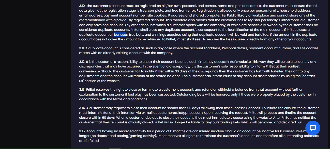 Screenshot of PriBet's bonus terms and wagering requirements