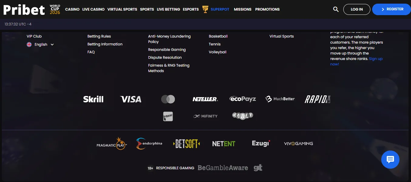 Screenshot of PriBet's cashier and payment methods