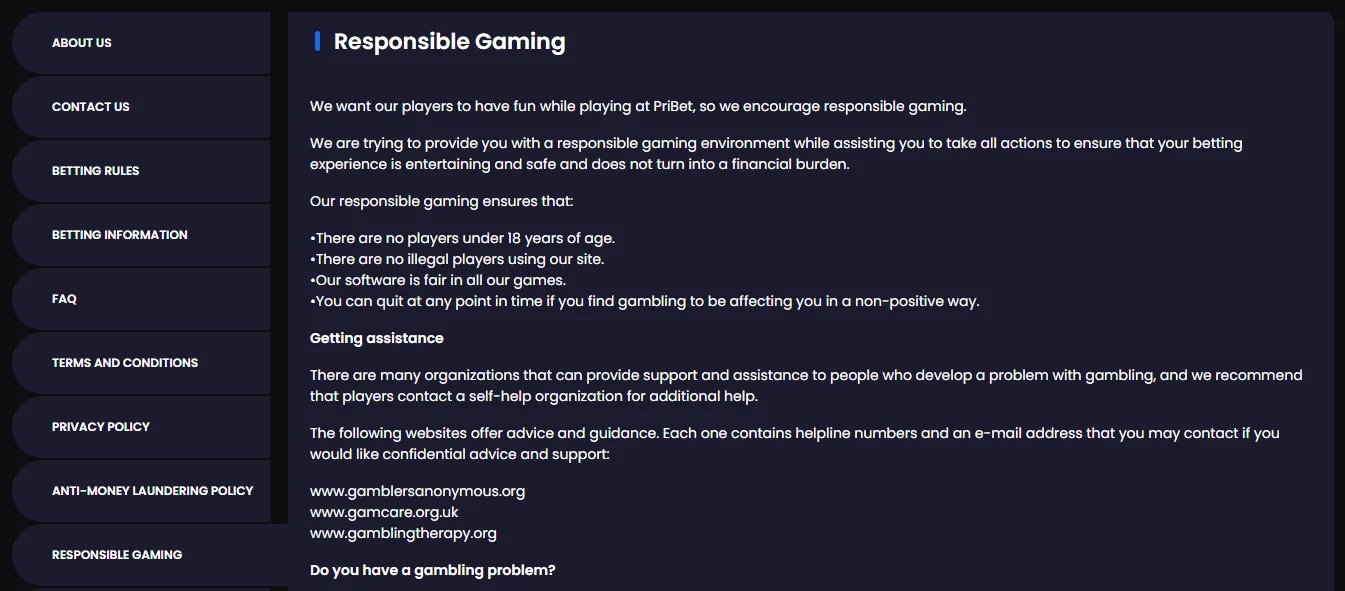 Screenshot of PriBet's responsible-gambling tools