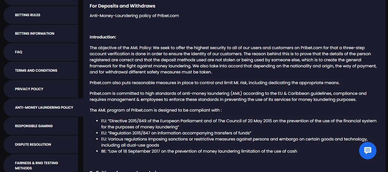 Screenshot of PriBet's withdrawal section and limits