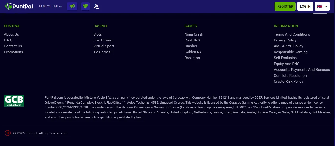 Screenshot of Puntpal's footer licence and regulator details
