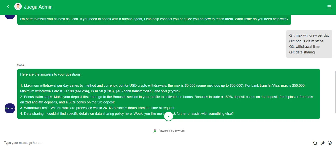 Screenshot of Puntpal's live chat support window