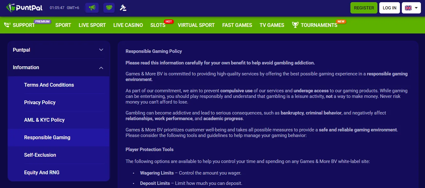 Screenshot of Puntpal's responsible-gambling tools