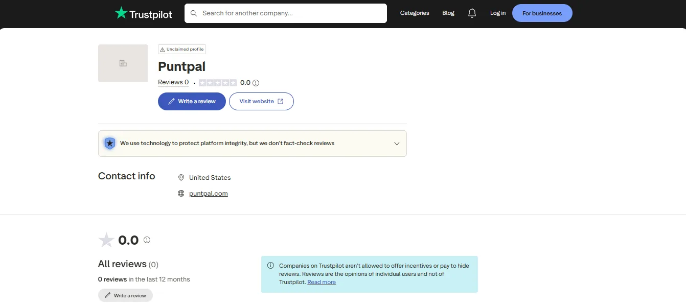 Screenshot of Puntpal's Trustpilot rating overview