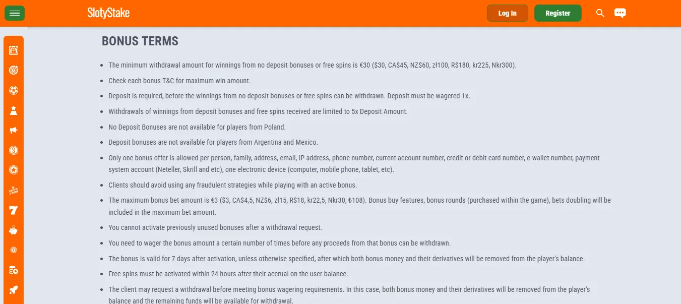 Screenshot of Slotystake's bonus terms and wagering requirements