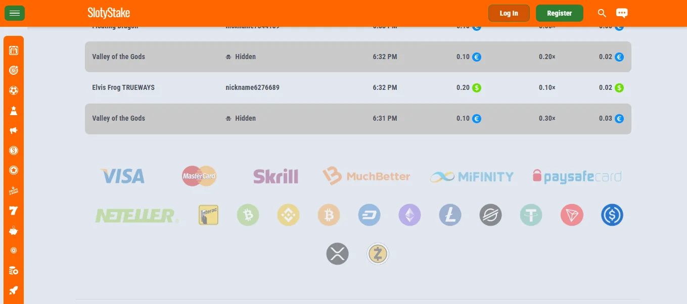 Screenshot of Slotystake's cashier and payment methods