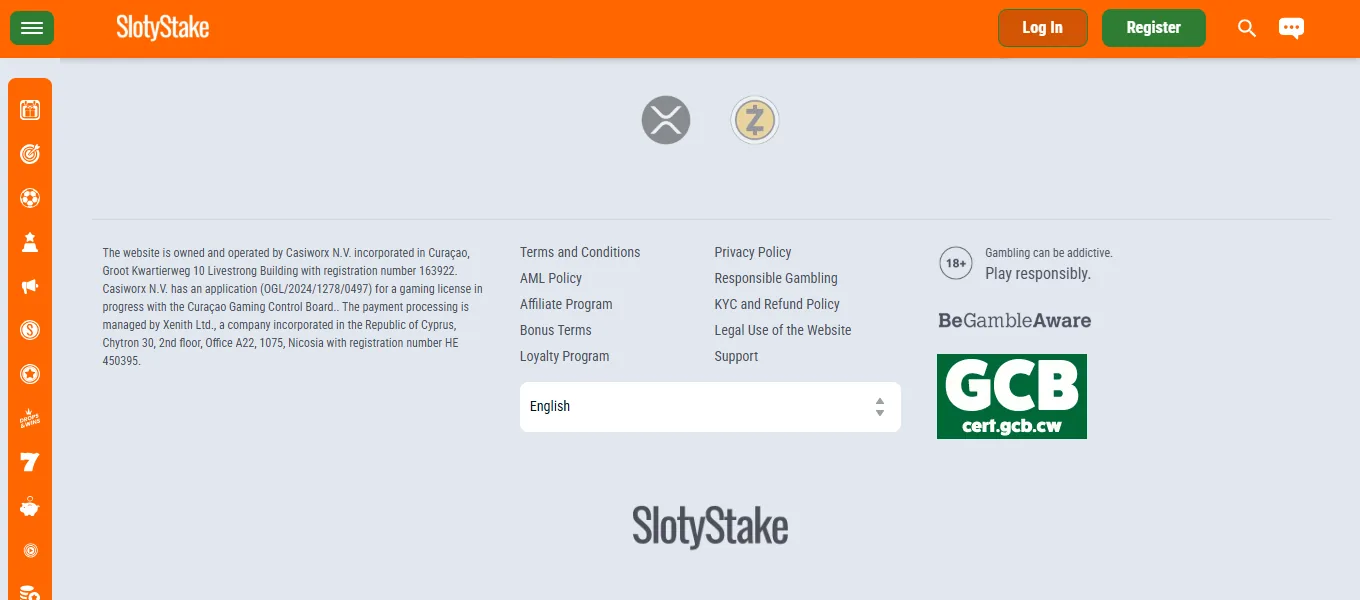 Screenshot of Slotystake's footer licence and regulator details