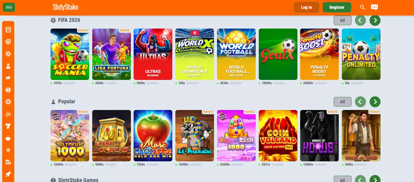 Screenshot of Slotystake's games lobby